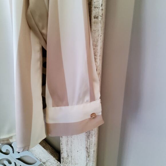 Notations Women Long Sleeve Collar Button Down Shirt Blouse Beige & Cream Stripe - Picture 4 of 5